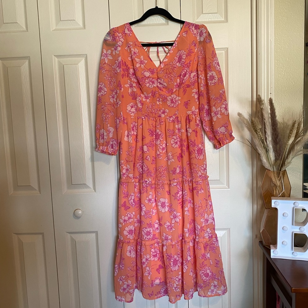 Pink and Orange Long Sleeve Dress With a flowers and butterfly pattern